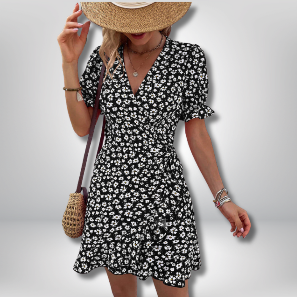 Pia - Charming Floral Wrap Mini Dress with Flirty Ruffle Sleeves and Adjustable Tie Waist