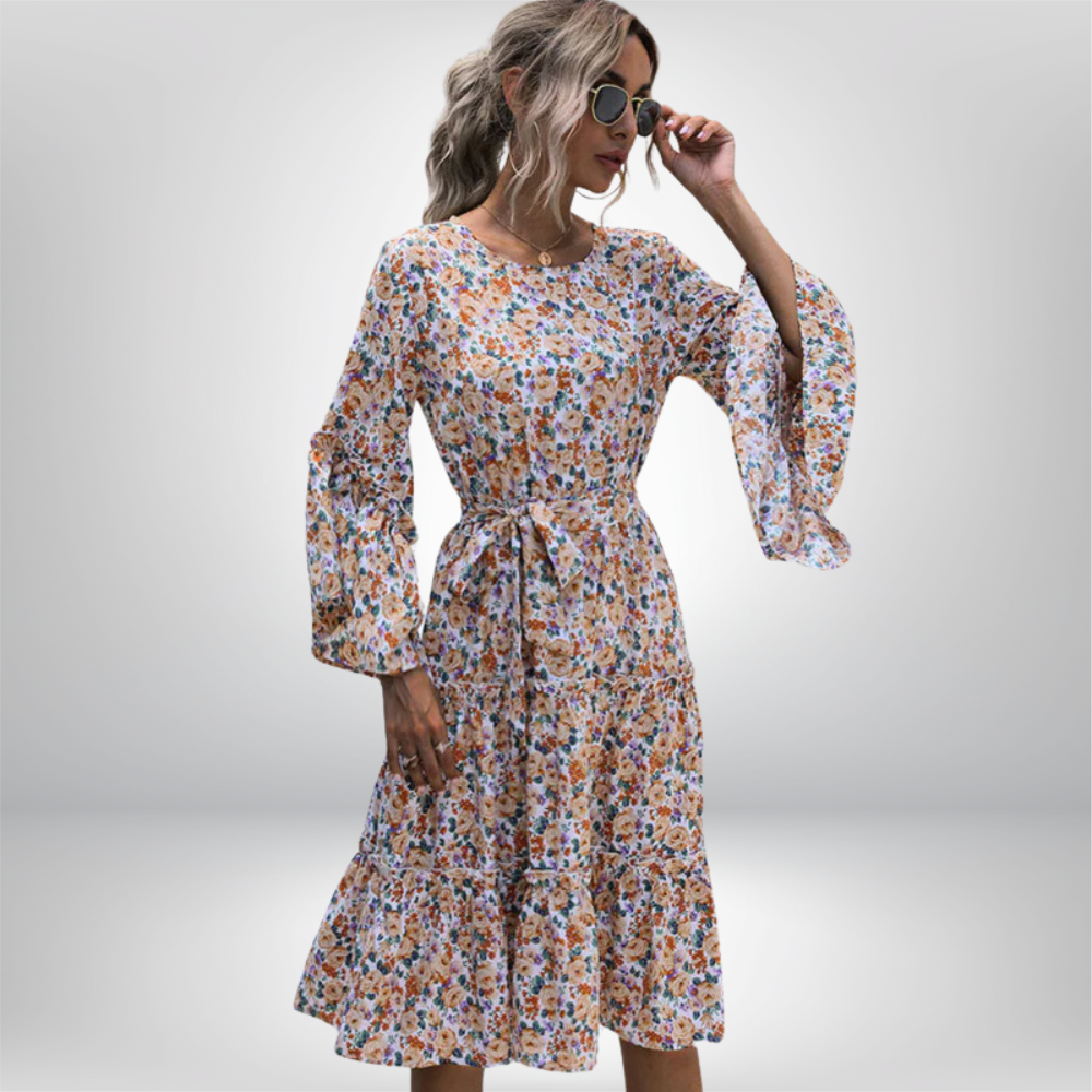 Aada - Stunning Floral Long-Sleeved Dress with a Tiered Skirt and Chic Belted Waist