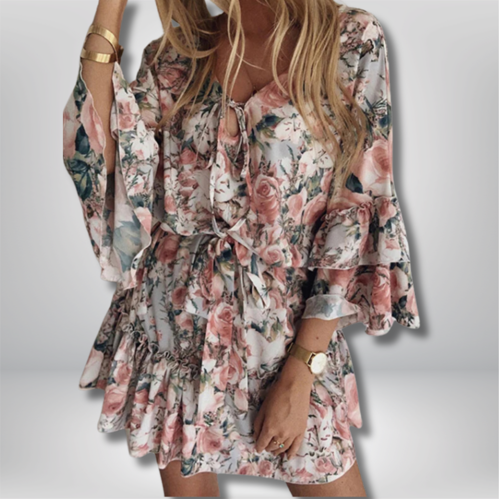 Chic Victoria Floral Chiffon Dress with Elegant V-Neck and Flirty Ruffle Sleeves