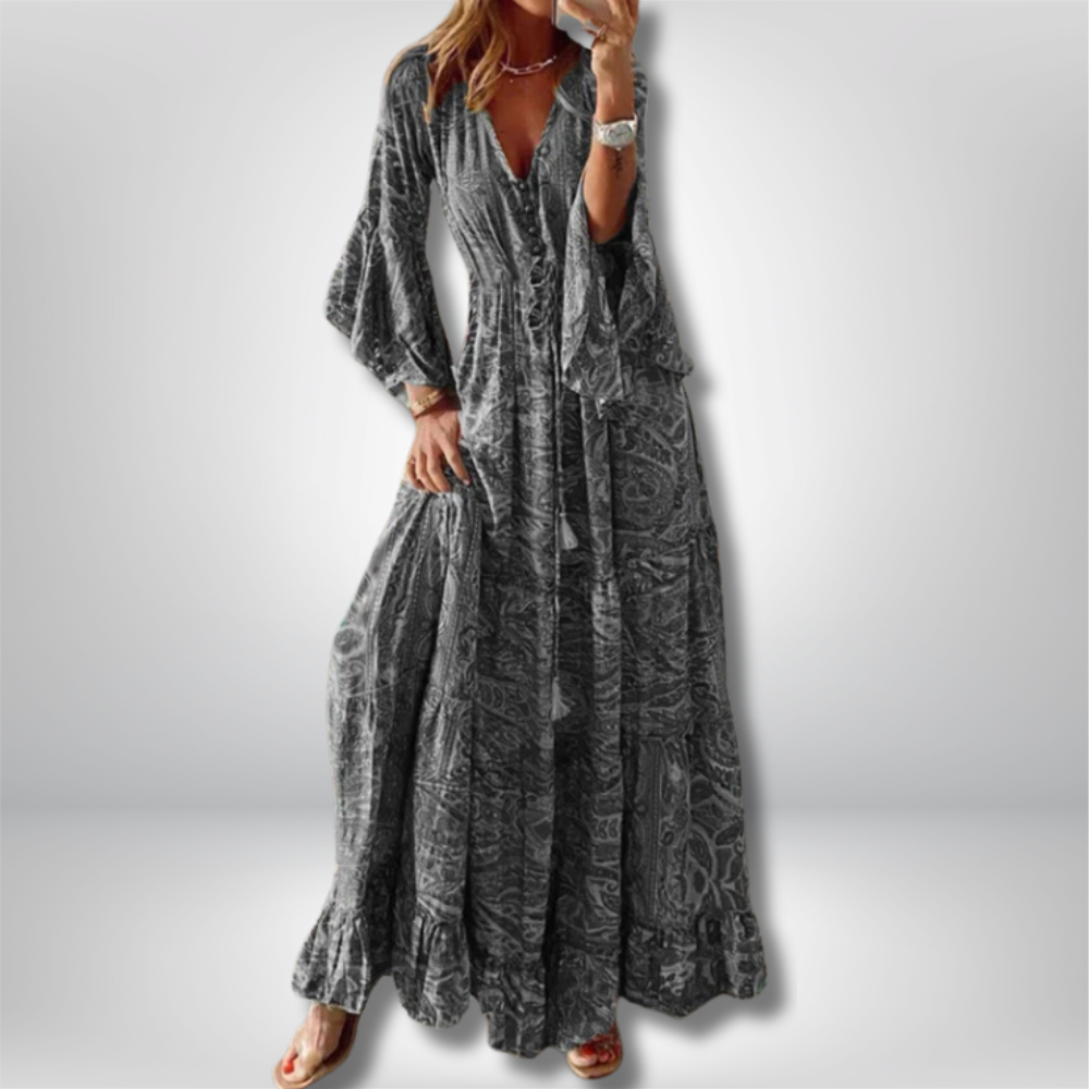 Boho Chic Maxi Dress by Erja β Stunning Paisley Print and Elegant Trumpet Sleeves