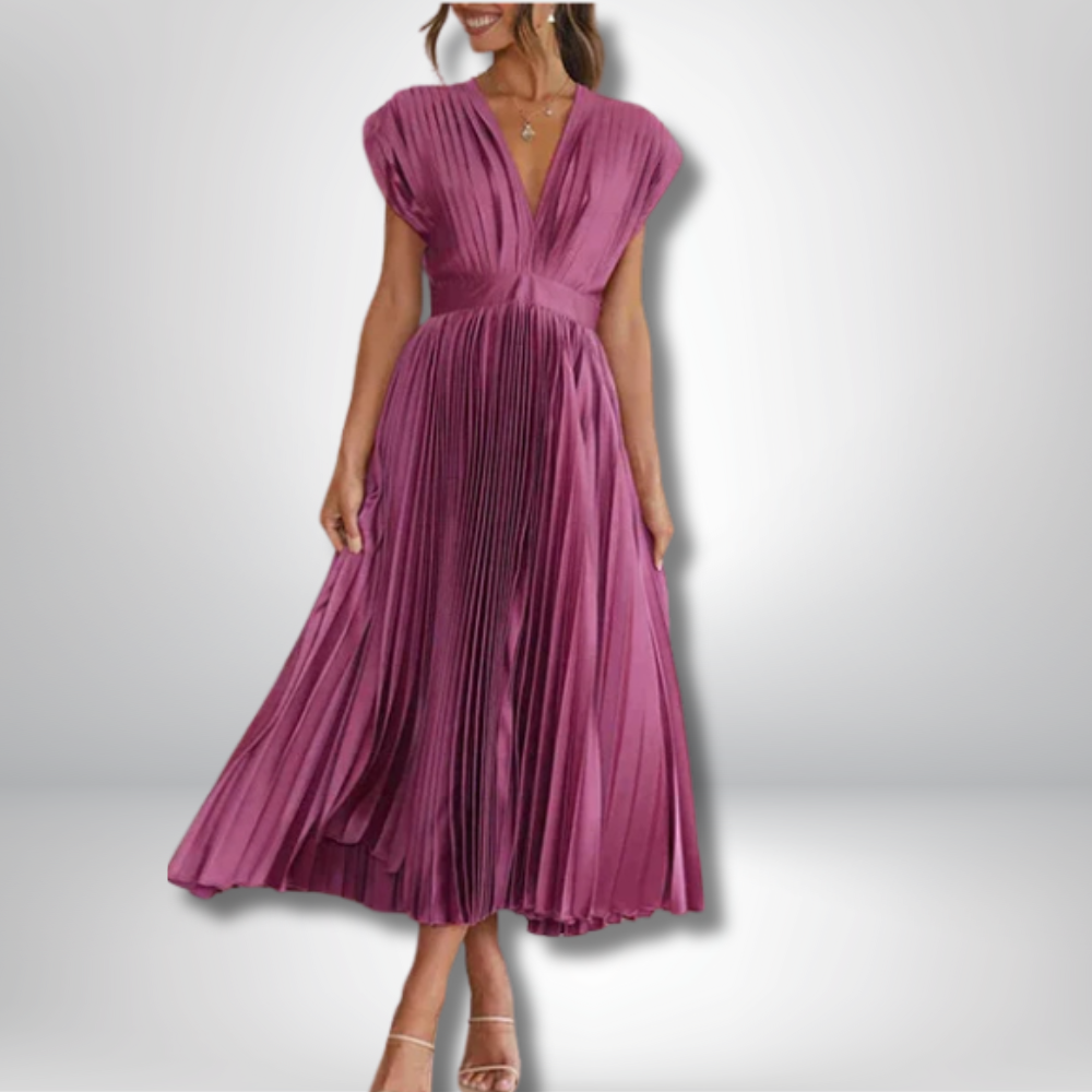 Aria - Elegant V-Neck Maxi Dress with Chic Pleats