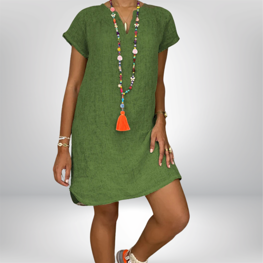 Jeniffer - Chic V-Neck Linen Dress with Stylish Rolled Sleeves and Flattering Curved Hem