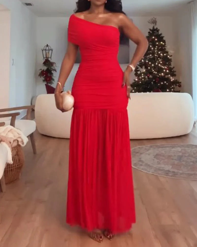 Solavie® – One Shoulder Waist-Defined Solid Color Midi Dress