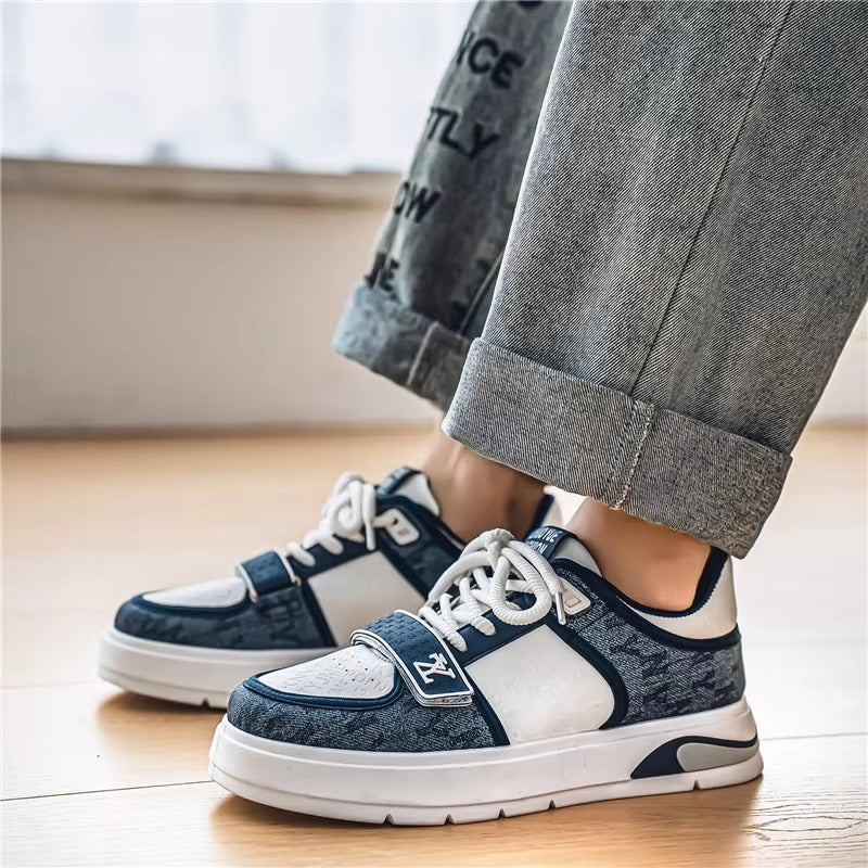 Men’s Retro Court Street Sneakers | Denim Panel Skate-Style Casual Shoes