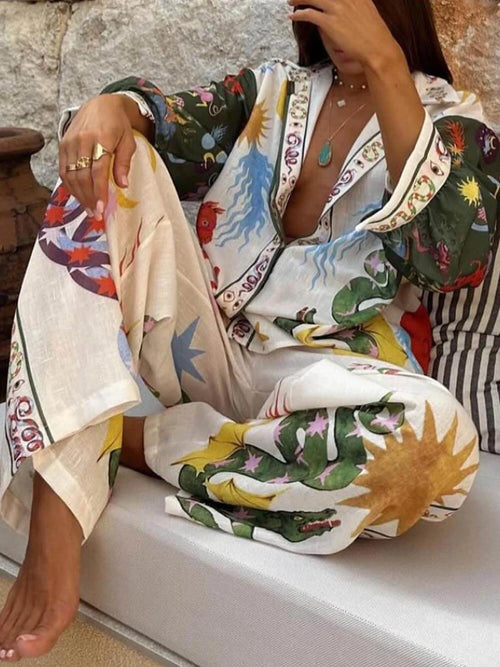 Bellessia® – Unique Print Long Sleeve Shirt & Elastic Waist Pants Set