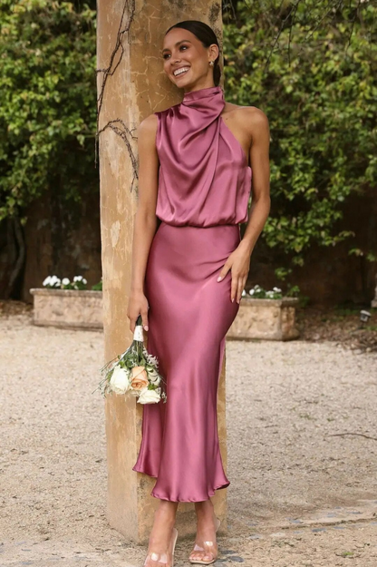 Lisanne | Elegant Women's Maxi Dress with Flattering Elastic Waist and Luxurious Satin Neck Drape