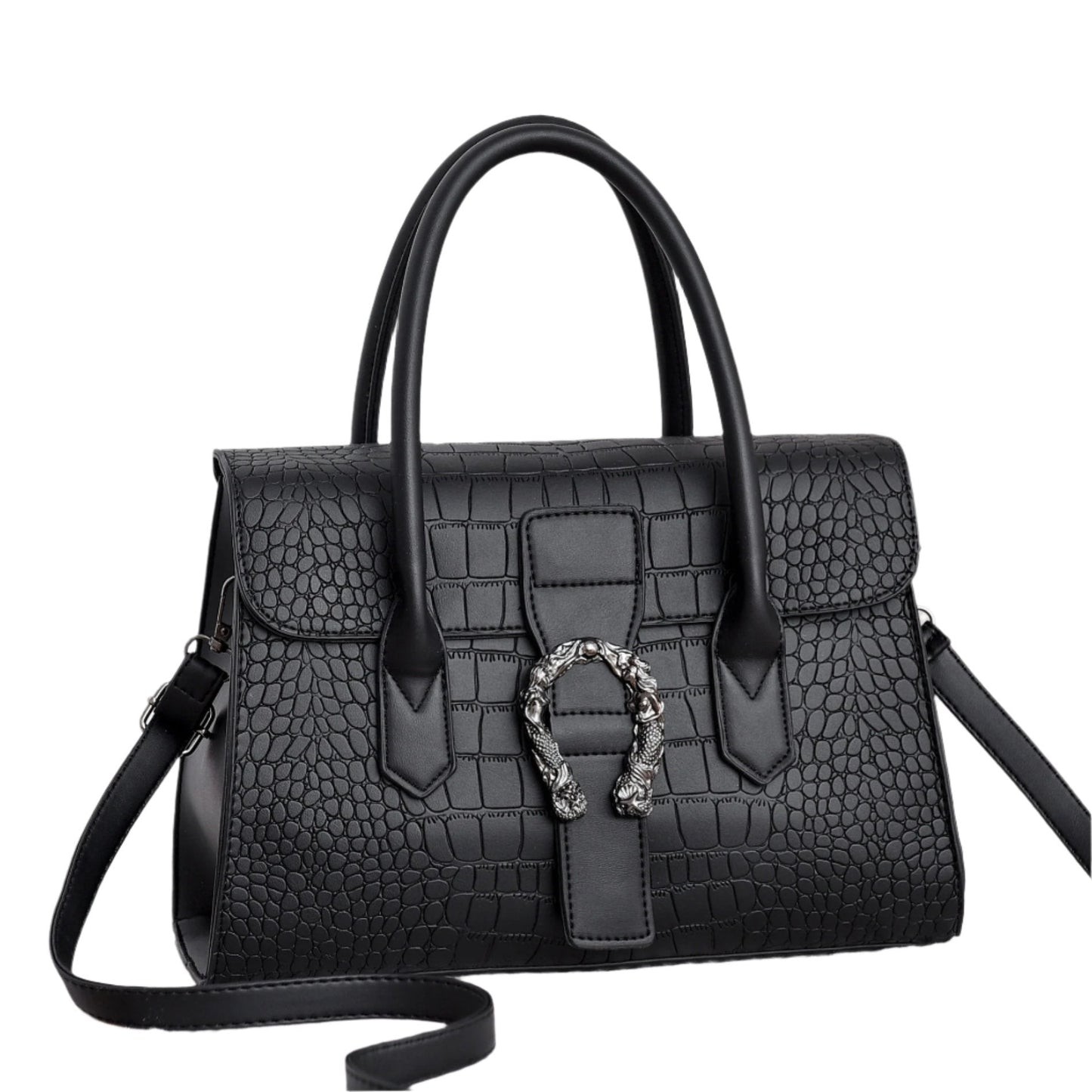 Elena - Elegant Black Handbag Featuring a Chic Crocodile Design