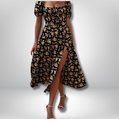 Neema - Elegant Floral Dress with Chic Puff Sleeves and Stylish Slit