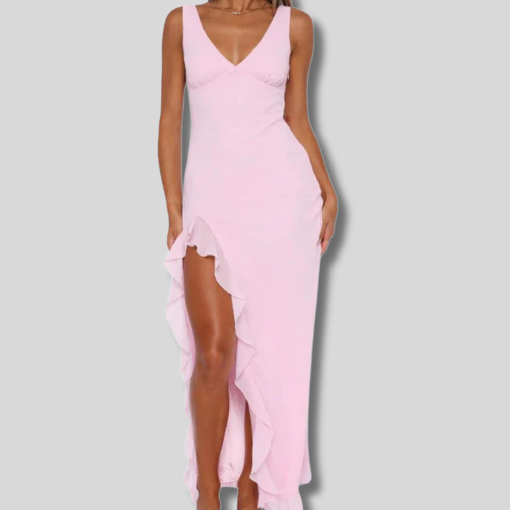 Melia | Elegant V-Neck Long Chiffon Dress for Women | Stylish & Chic