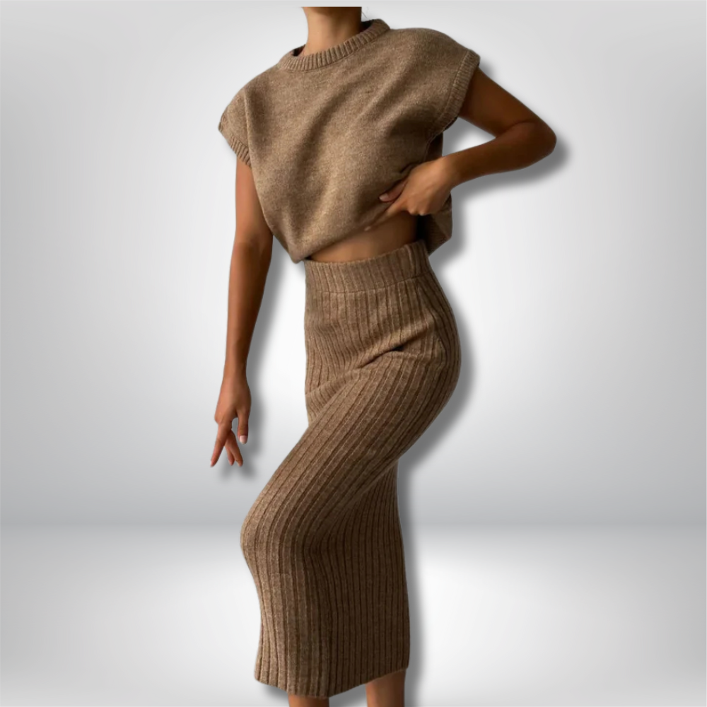 Chic Jackie Ensemble: Stylish Sleeveless Skirt with Cozy Knit Top