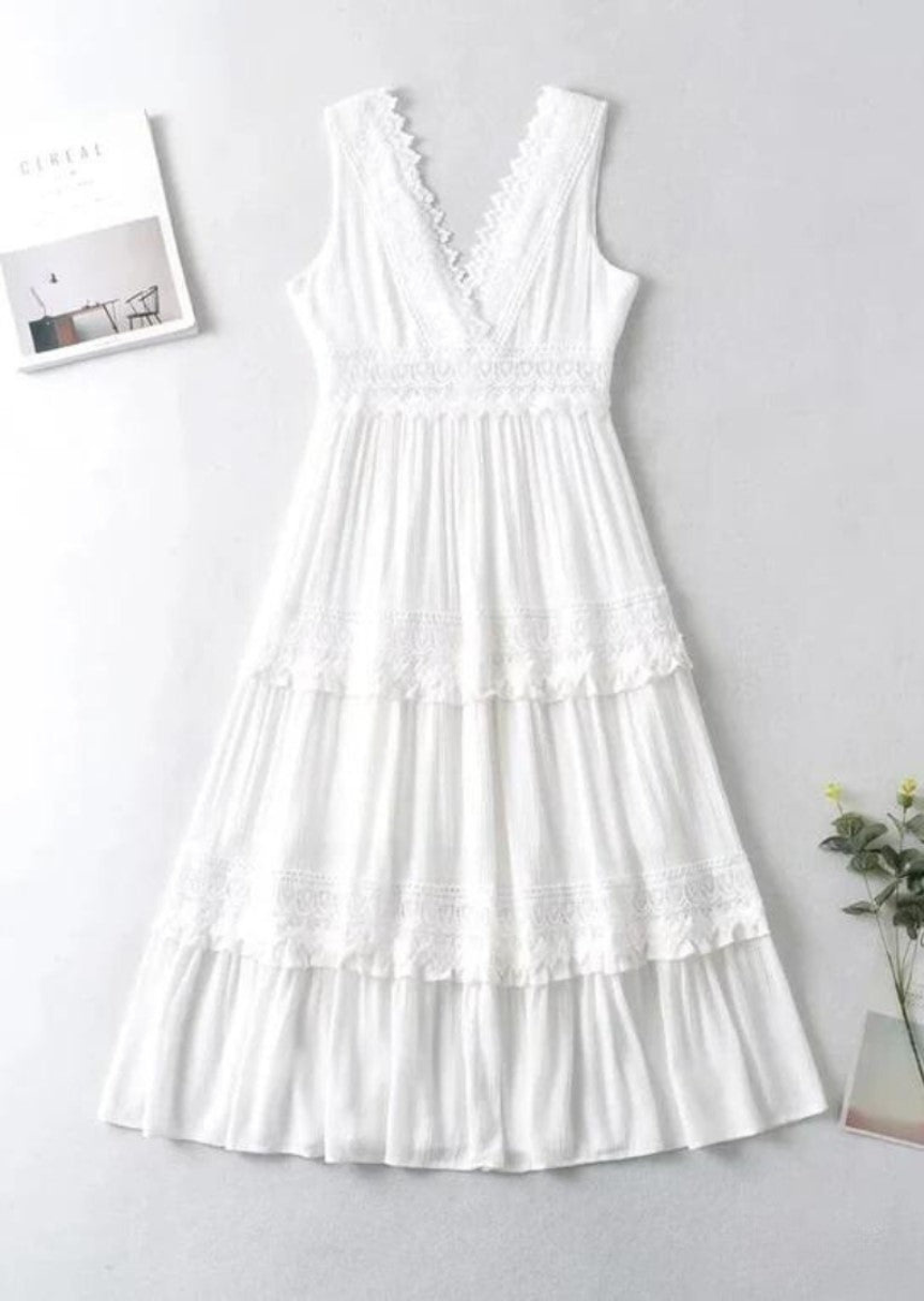 Romy | Stunning Women's Lace V-Neck Maxi Dress in Elegant White