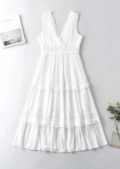 Romy | Stunning Women's Lace V-Neck Maxi Dress in Elegant White