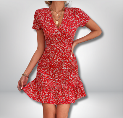 Charming Hilda Floral V-Neck Mini Dress with Playful Ruffle Hem