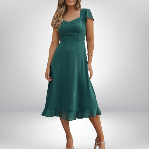 Helene - Elegant Sweetheart Neck Ruffled Midi Dress with Shirred Detail