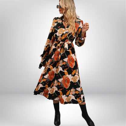 Aamu - Chic Floral Midi Dress with Pleated Design and Stylish Tie Waist