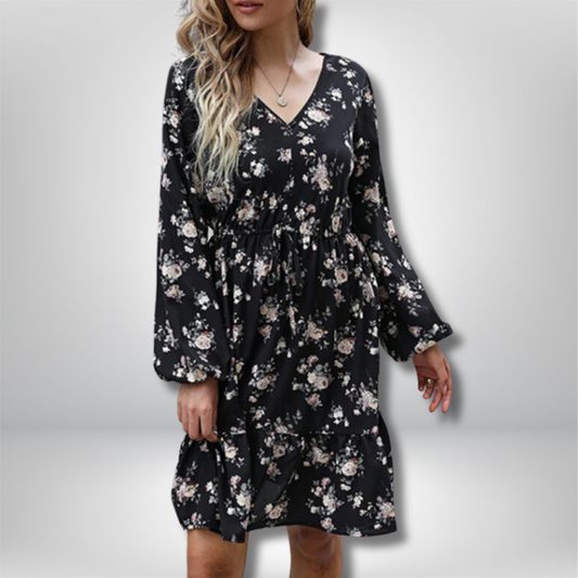 Felicia - Stunning Floral V-Neck Mini Dress with Long Sleeves and Figure-Flattering Cinched Waist