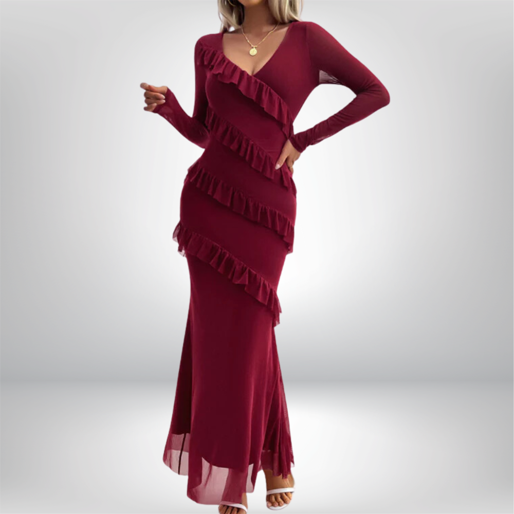 Aira - Elegant V-Neck Maxi Dress with Flattering Ruffle Sleeves