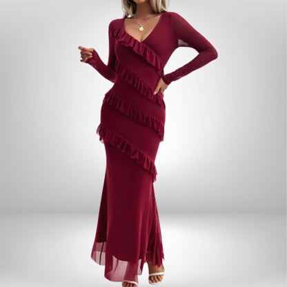 Aira - Elegant V-Neck Maxi Dress with Flattering Ruffle Sleeves