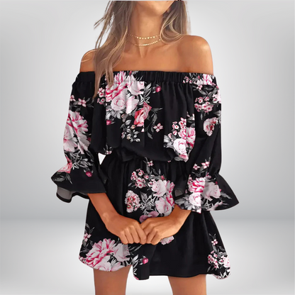 Elisa - Boho Chic Off-the-Shoulder Dress with Leaf Print