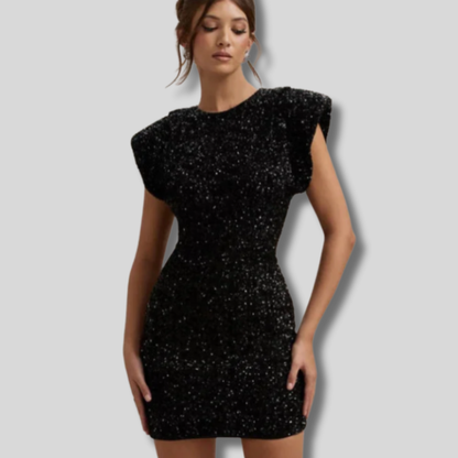 Chic Winter Mini Dress with Shoulder Pads and Sparkling Sequins for Women