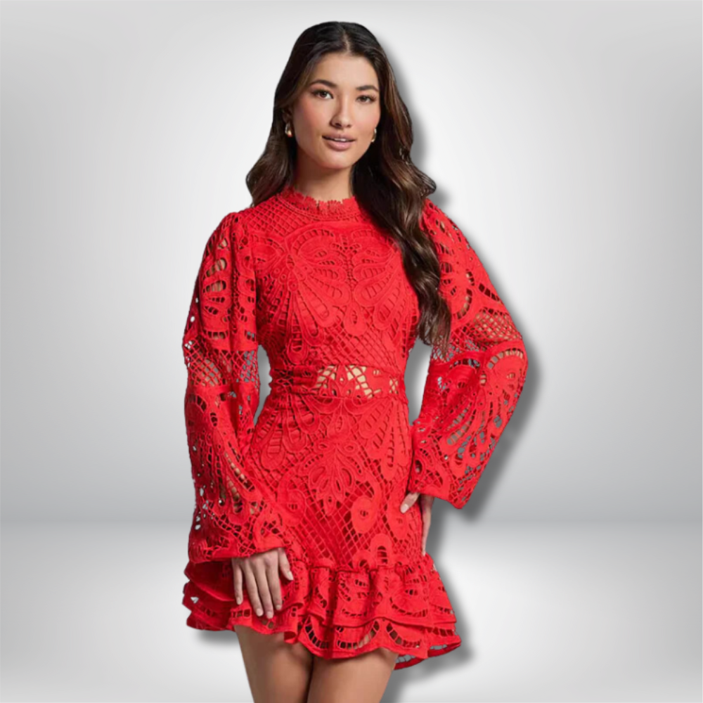 Elvi - Elegant Floral Lace A-Line Dress with Charming Ruffle Hem and Graceful Long Sleeves