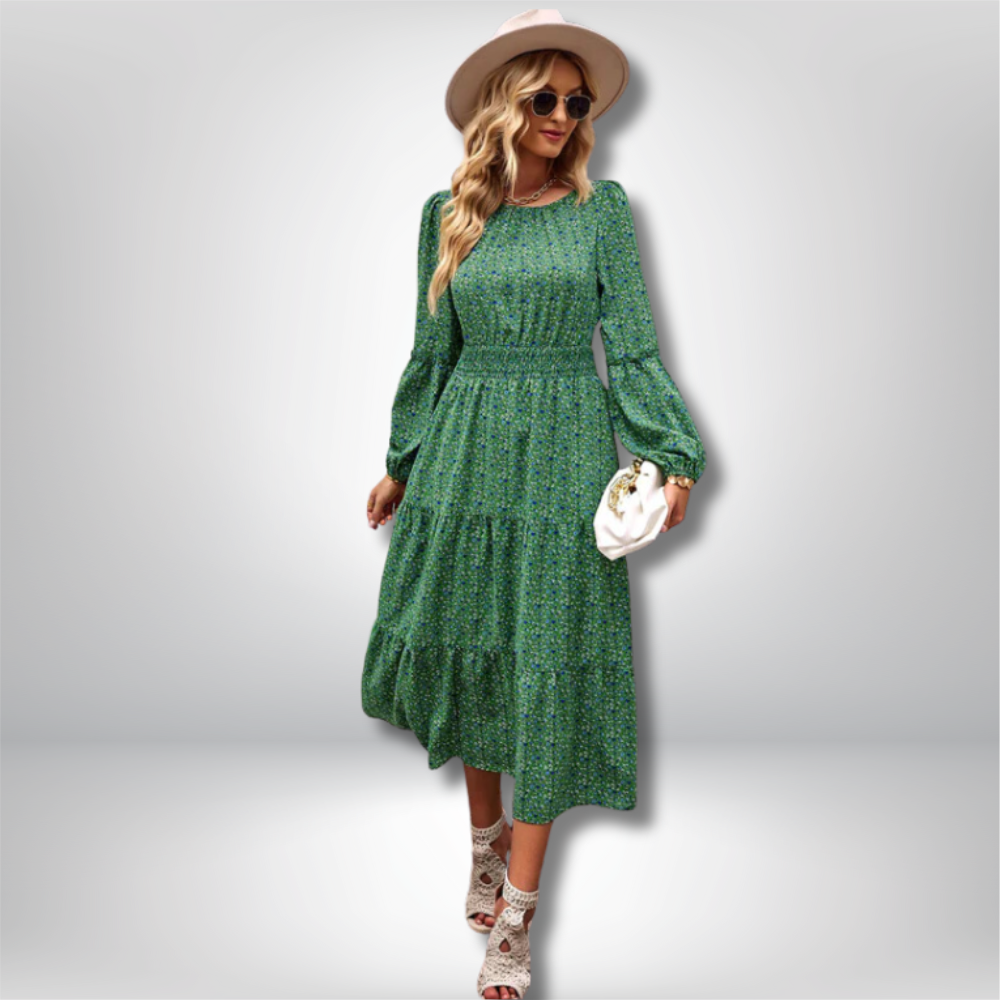 Siv - Elegant Floral Midi Dress with Tiered Skirt and Flattering Fitted Waist