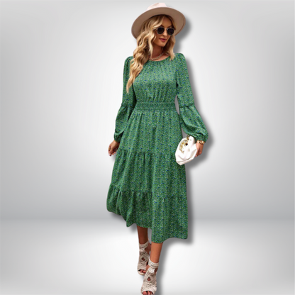 Siv - Elegant Floral Midi Dress with Tiered Skirt and Flattering Fitted Waist