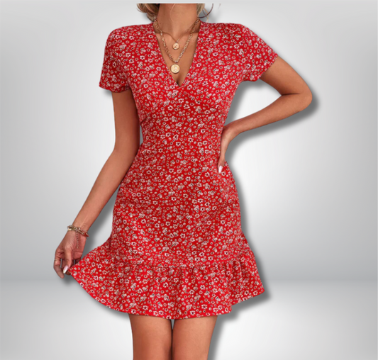 Charming Hilda Floral V-Neck Mini Dress with Playful Ruffle Hem