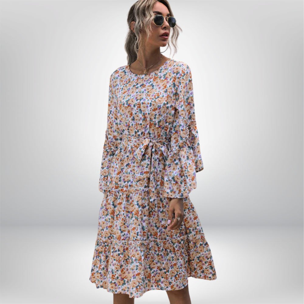 Aada - Stunning Floral Long-Sleeved Dress with a Tiered Skirt and Chic Belted Waist
