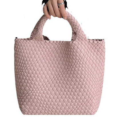 Chic Solid Colour Woven Tote Bag - Spacious PU Leather Elegance