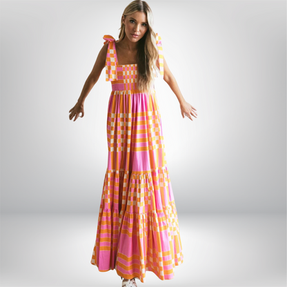 Johanna - Stunning Boho Gingham Smocked Maxi Dress with Elegant Tied Straps