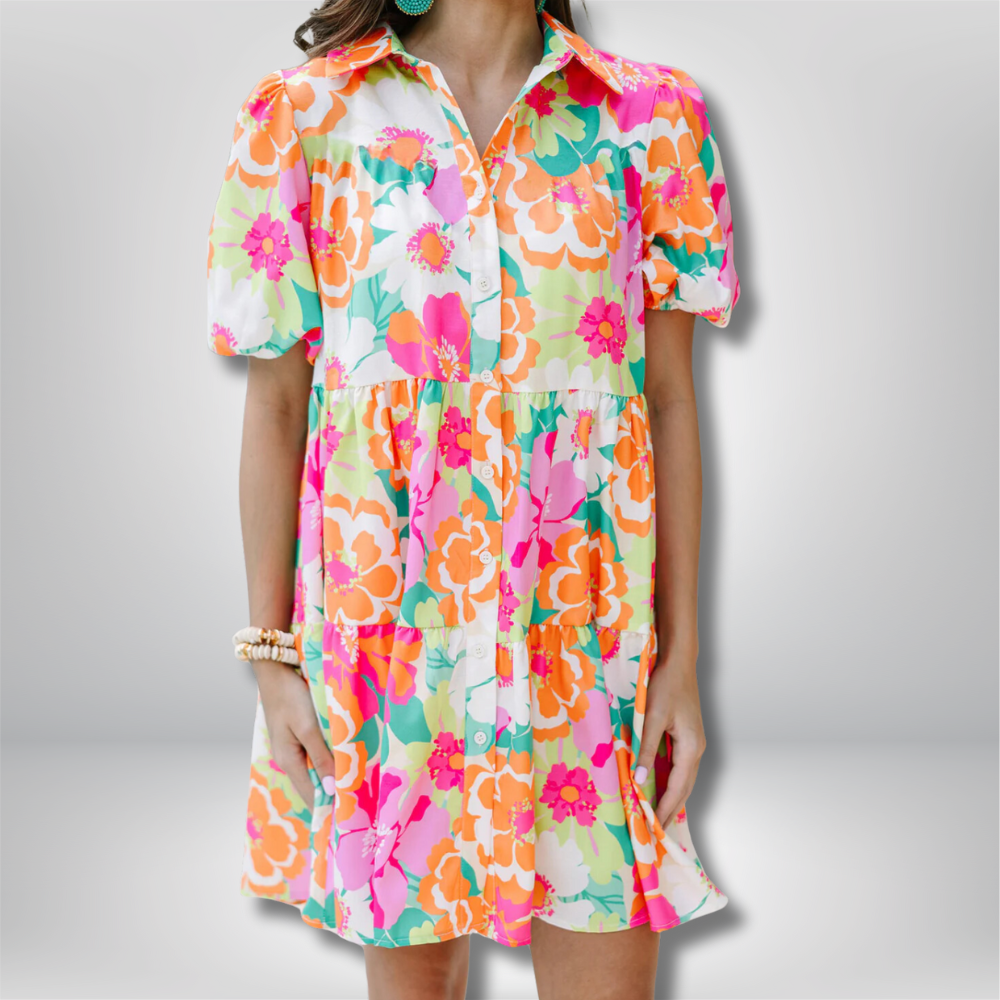 Nina - Charming Floral Babydoll Dress with Puff Sleeves and Delightful Button Front