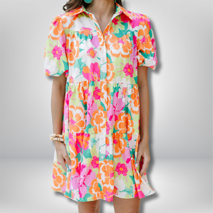 Nina - Charming Floral Babydoll Dress with Puff Sleeves and Delightful Button Front
