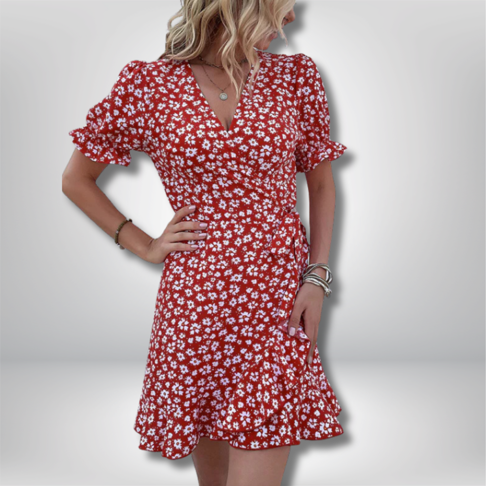 Pia - Charming Floral Wrap Mini Dress with Flirty Ruffle Sleeves and Adjustable Tie Waist