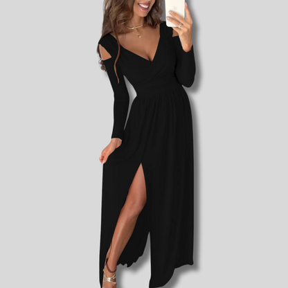 Celeste - Elegant Long Slit Dress with Unique Hollow Shoulder Design