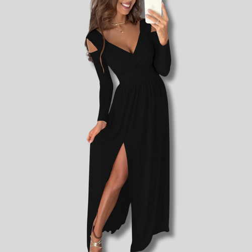 Celeste - Elegant Long Slit Dress with Unique Hollow Shoulder Design