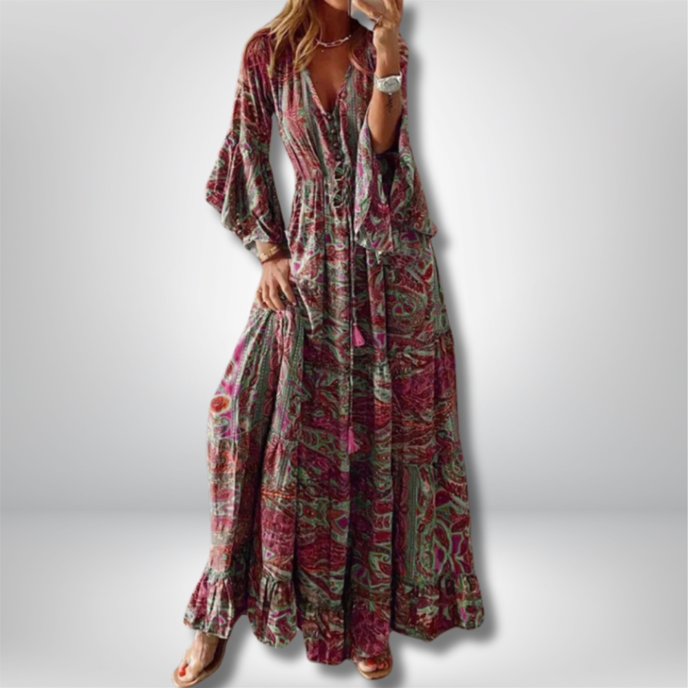 Boho Chic Maxi Dress by Erja – Stunning Paisley Print and Elegant Trumpet Sleeves