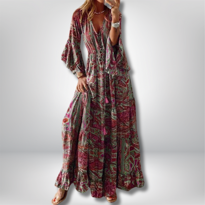 Boho Chic Maxi Dress by Erja – Stunning Paisley Print and Elegant Trumpet Sleeves