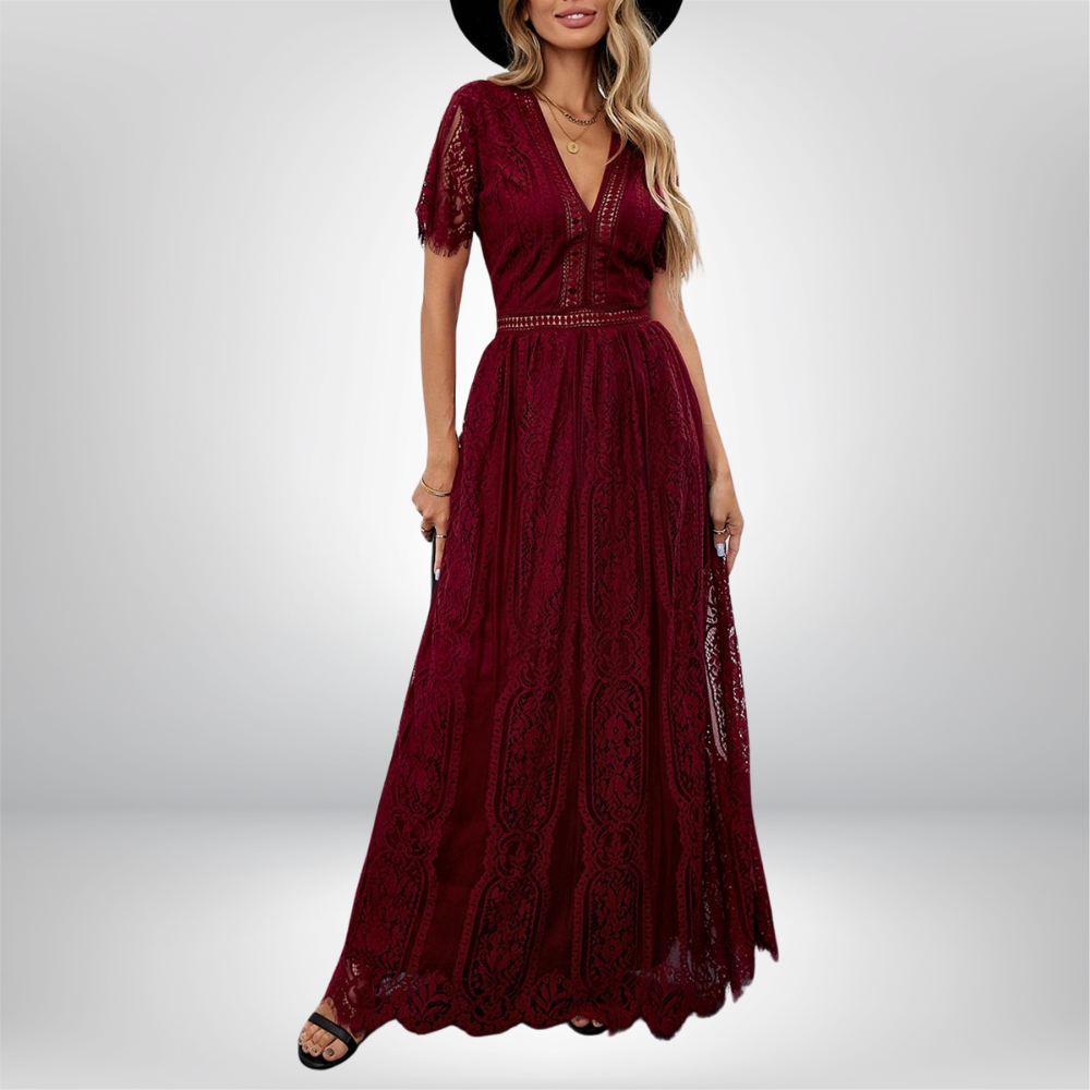 Hanna - Stunning Royal Lace Maxi Dress with a Flattering V-Neckline