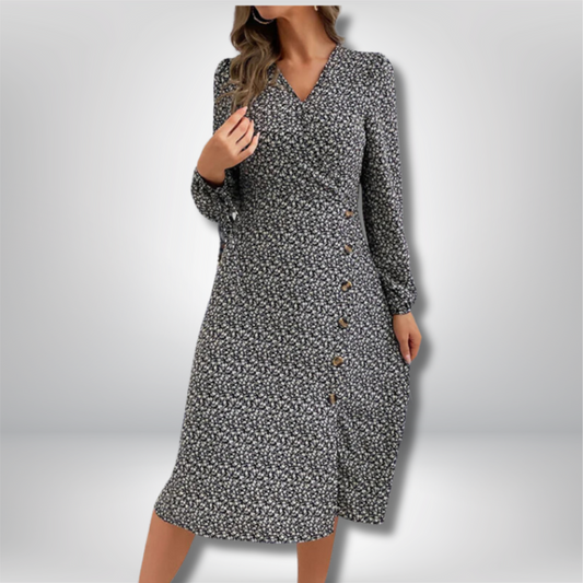 Elegantly Chic Elsa Floral V-Neck Dress with Stylish Button-Down Slit Detail