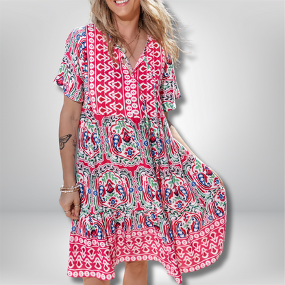 Rebecka - Stylish Bohemian Print Dress with Chic Tie Neck and Ruffled Hem