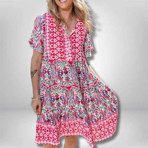 Rebecka - Stylish Bohemian Print Dress with Chic Tie Neck and Ruffled Hem