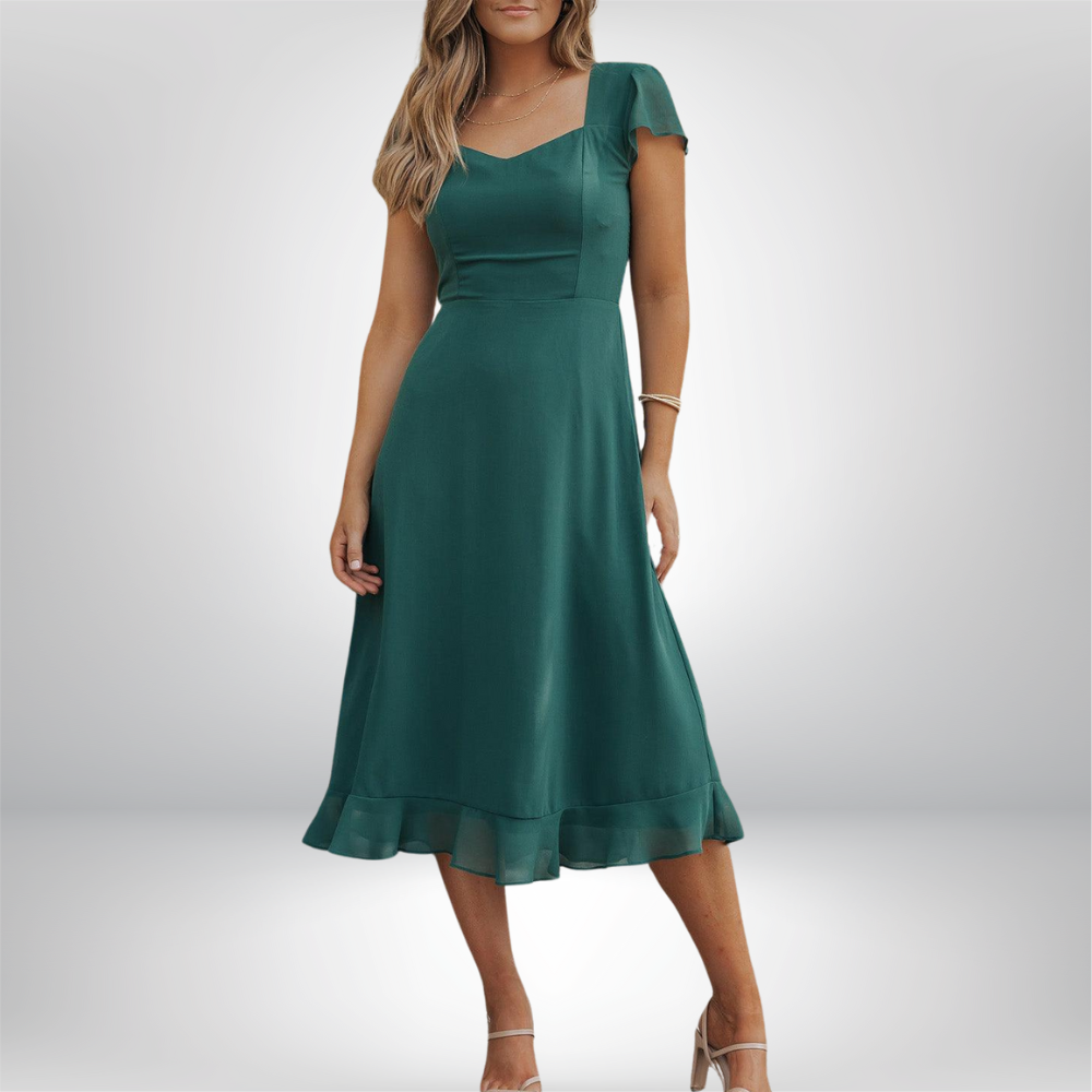 Helene - Elegant Sweetheart Neck Ruffled Midi Dress with Shirred Detail