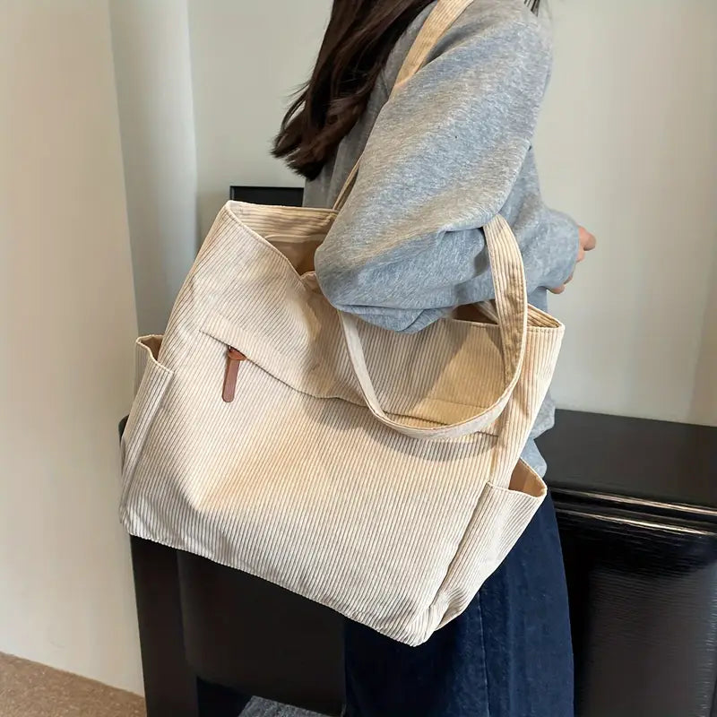 Stylish Corduroy Tote Bag with Comfortable Fixed Shoulder Straps