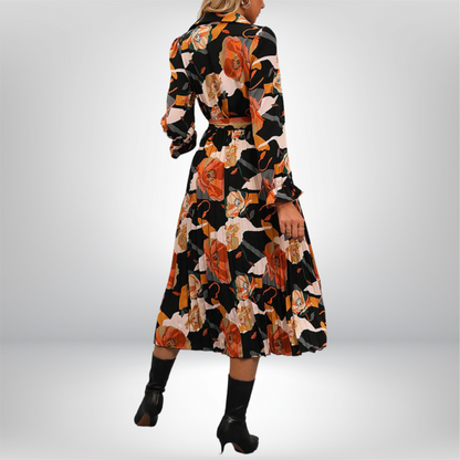 Aamu - Chic Floral Midi Dress with Pleated Design and Stylish Tie Waist