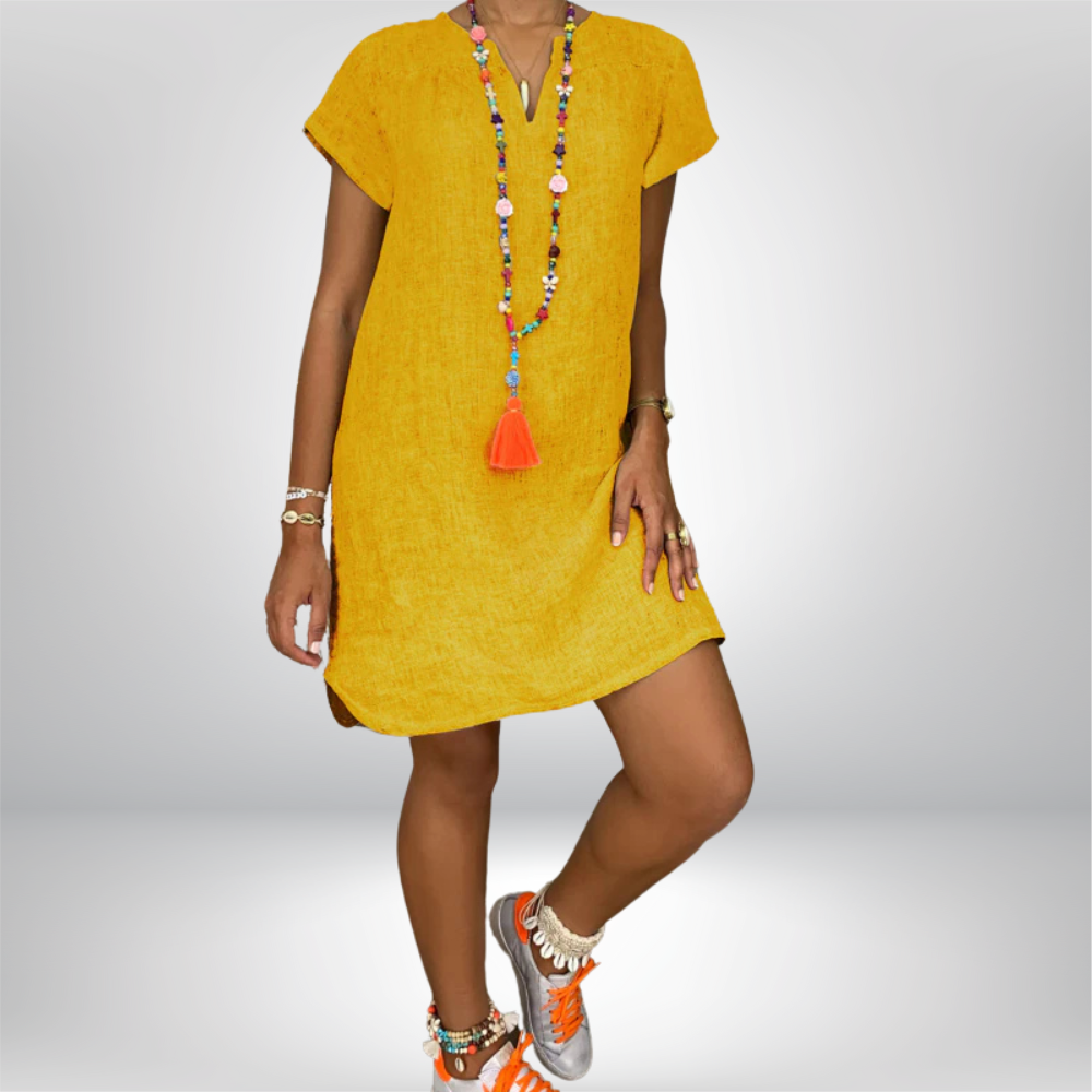 Jeniffer - Chic V-Neck Linen Dress with Stylish Rolled Sleeves and Flattering Curved Hem