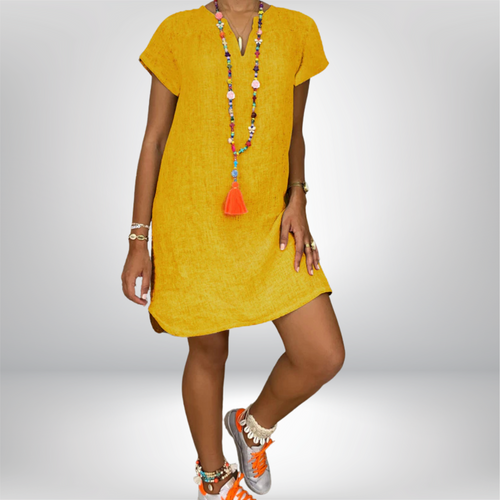 Jeniffer - Chic V-Neck Linen Dress with Stylish Rolled Sleeves and Flattering Curved Hem