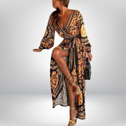 Frida - Stunning Bohemian Maxi Dress with Elegant Golden Print and Chic High Slit