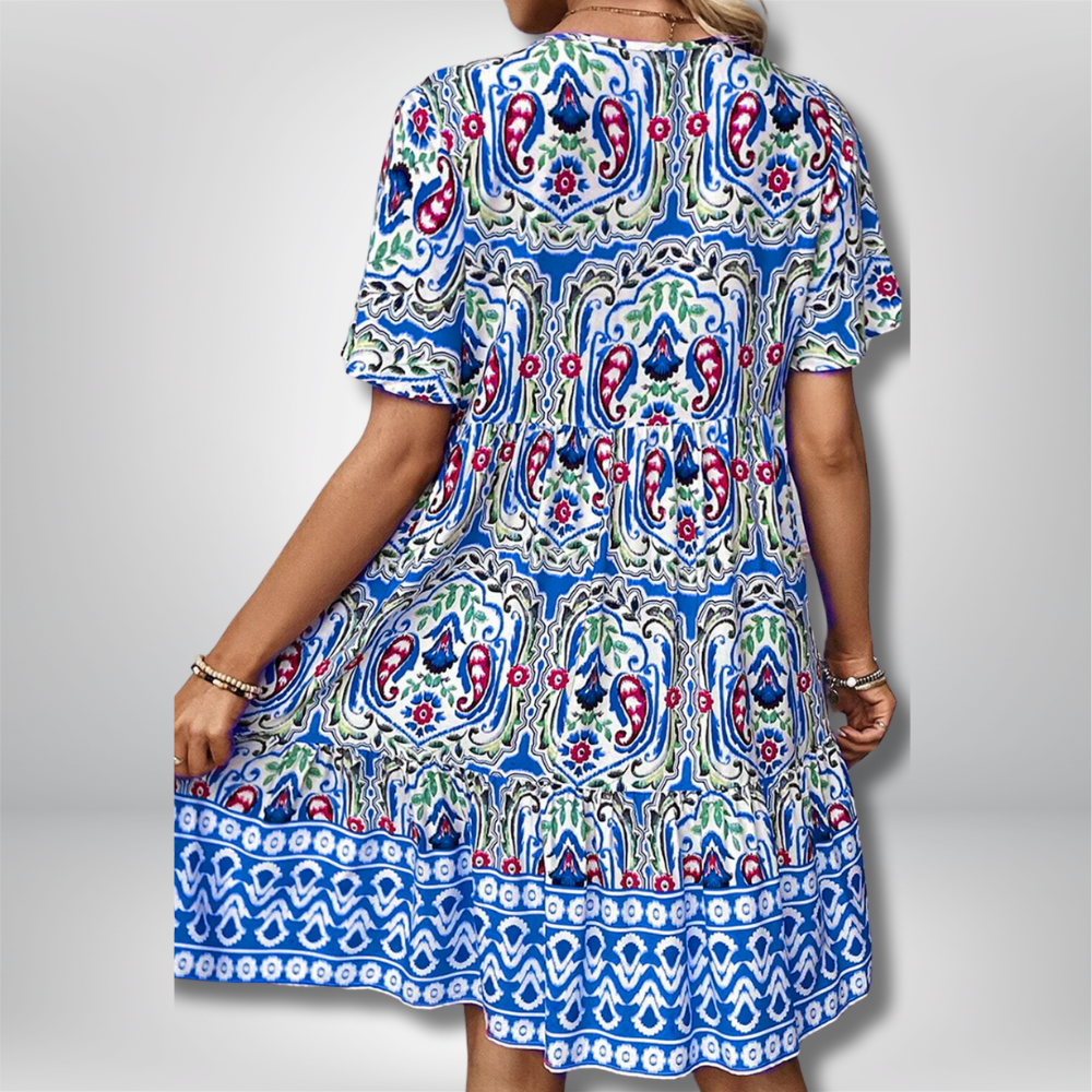 Anette - Chic Bohemian Ruffle Hem Dress with Elegant Tie Neck Detail