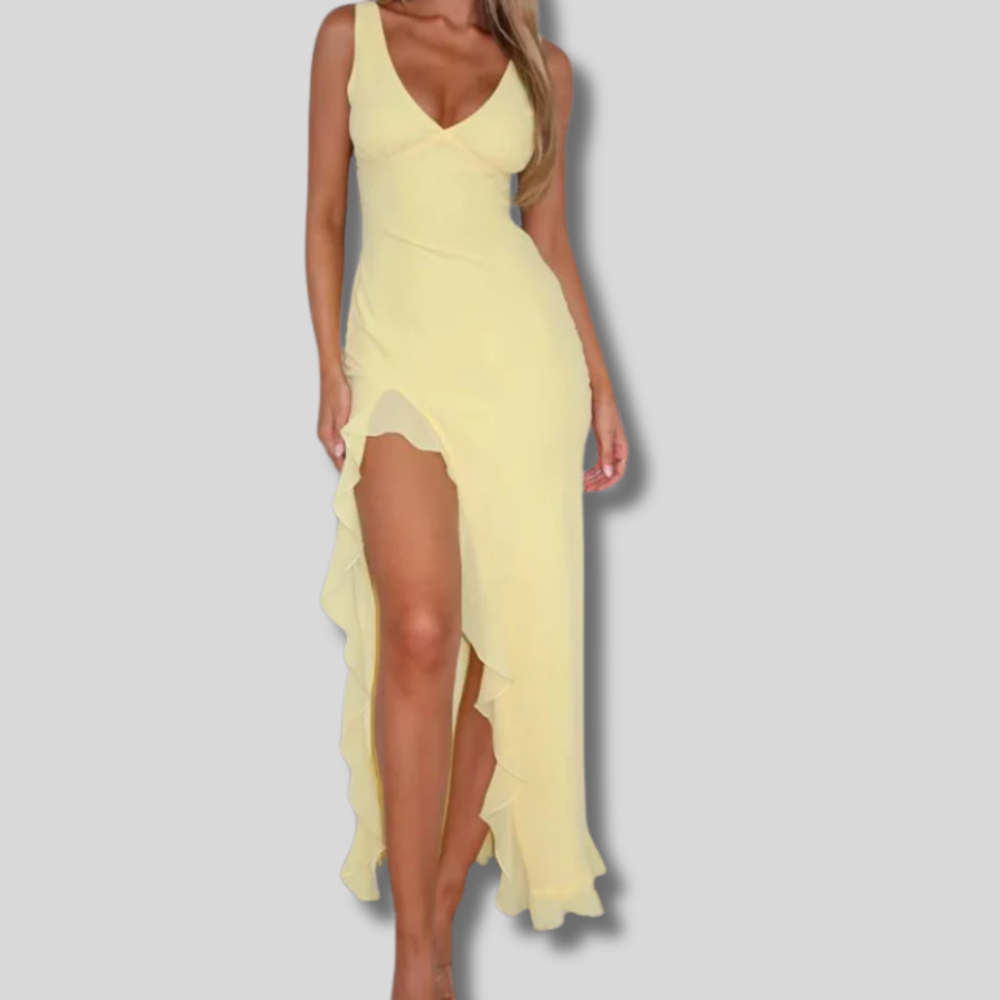 Melia | Elegant V-Neck Long Chiffon Dress for Women | Stylish & Chic